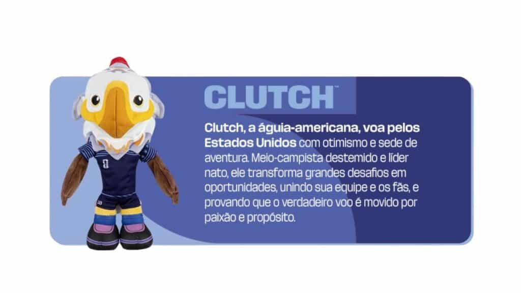 Mascote Clutch da promoção Rexona, personagem em pé ao lado de bloco de texto com descrição em azul.