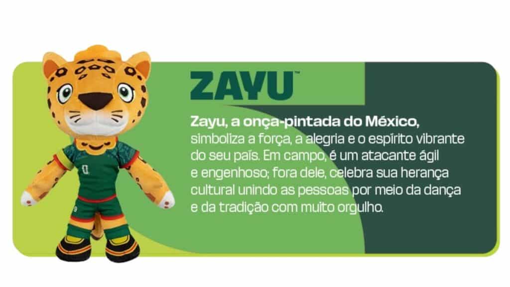 Mascote ZAYU da promoção Rexona Mascote Fenomenal, com descrição do personagem em fundo verde