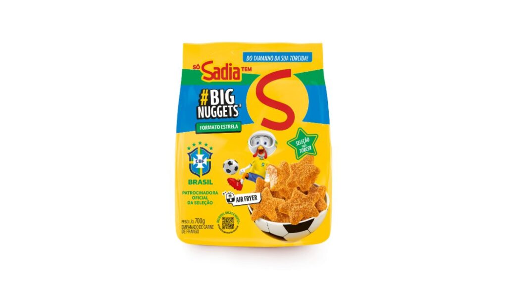 Embalagem de Big Nuggets Sadia em formato de estrela, edição limitada para CBF, com homenagem ao Penta.