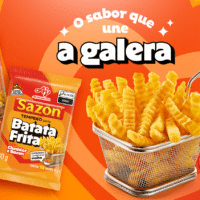 Embalagens SAZÓN Tempero para Batata Frita e imagem de batatas fritas em fritadeira na campanha “o sabor que a gente”.