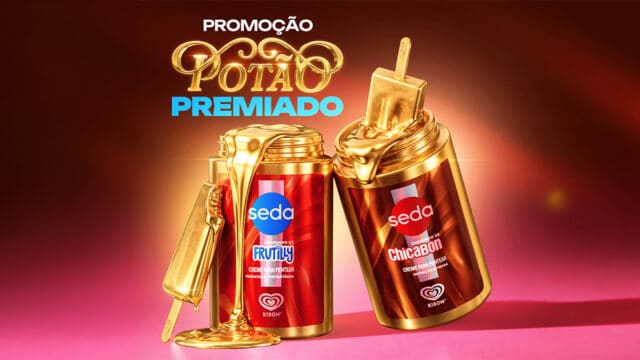 Imagem promocional da Seda Potão Premiado com frascos e potes dourados sobre fundo vermelho e texto da promoção.
