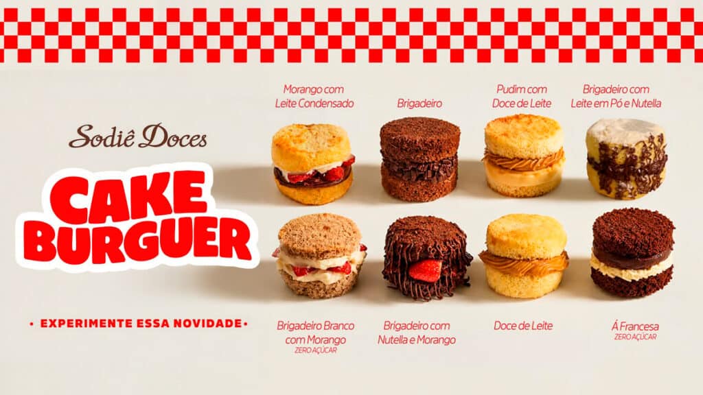 Sodiê Cake Burguer, sobremesas em formato de hambúrguer com sabores variados e opções zero açúcar