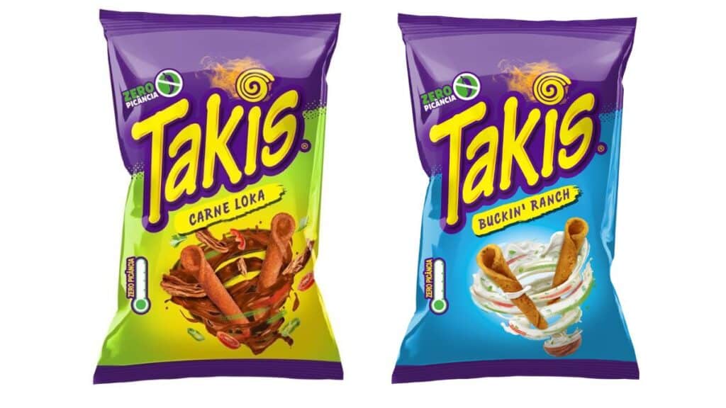 Embalagens dos snacks Takis Carne Loka e Takis Buckin’ Ranch, com destaque para os sabores e o logo Takis