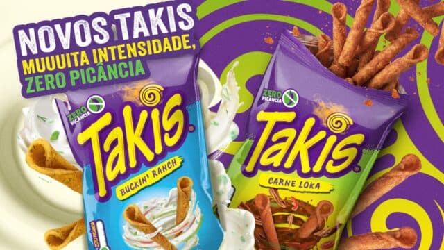 Imagem de lançamento Takis Carne Loka e Buckin Ranch com slogan “Novos Takis” e “Zero picância”.