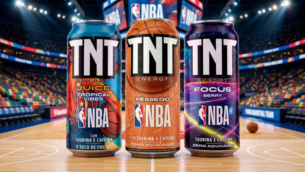 Latas de energético TNT Energy NBA em destaque no estádio, com sabores Energy Focus, Energy Juice e variação Focus Berry.