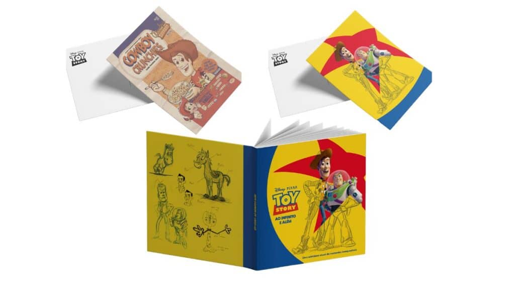 Convite e cartões do tema Toy Story, com artes em amarelo e coloridas, representando coleção para a exposição