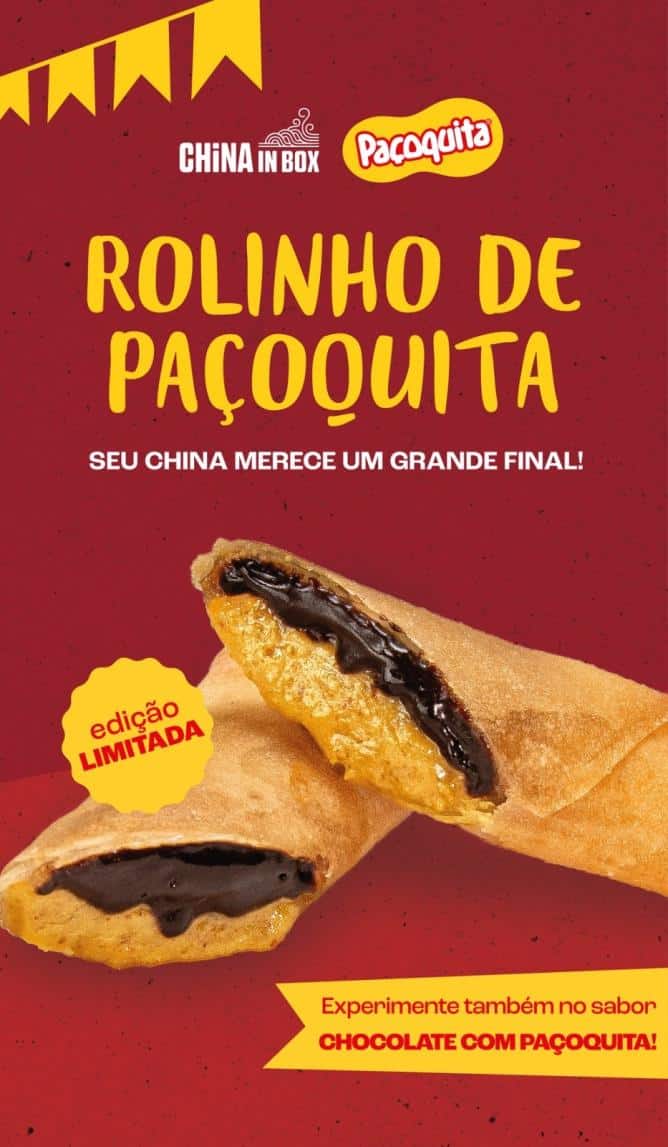 Arte promocional do China in Box com Paçoquita: Rolinhos de Paçoquita em edição limitada