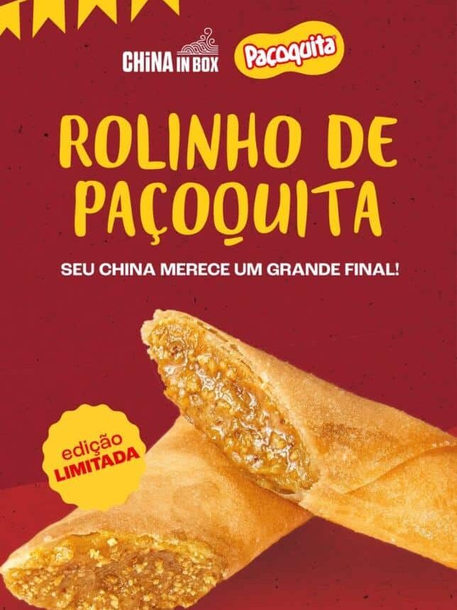 Imagem promocional do Rolinho de Paçoquita do China in Box, edição limitada, com texto “Seu China merece um grande final!”