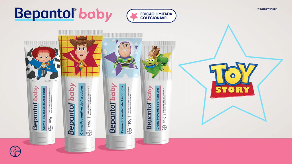 Bepantol Baby Toy Story: edição limitada colecionável Embalagens do Bepantol Baby edição limitada colecionável inspirada em Toy Story com star e personagem no fundo rosa