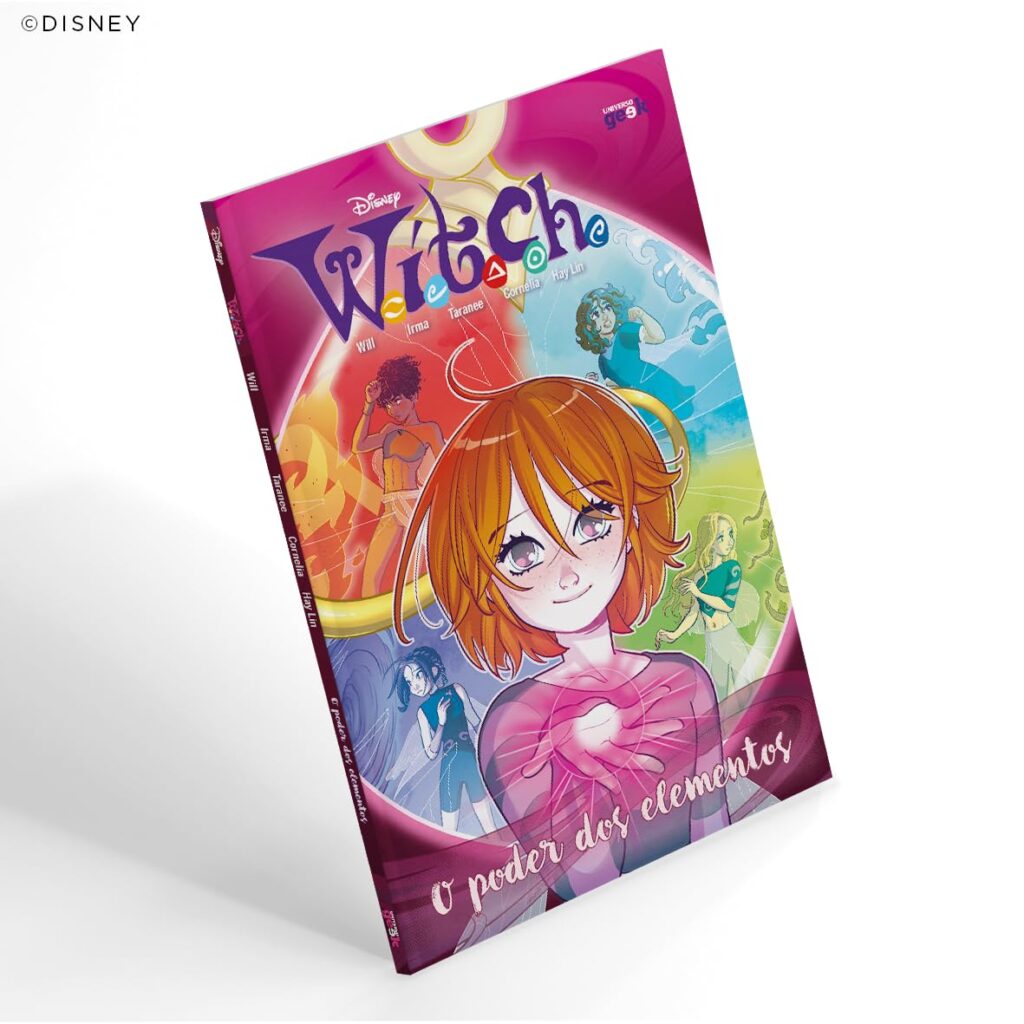 Capa de livro W.i.t.c.h com personagens mágicas e título “O poder dos elementos” em fundo colorido.