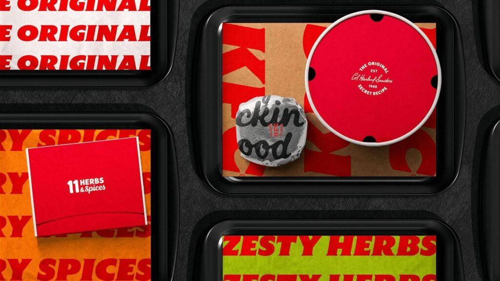 Painel de embalagens do KFC com visual de rebranding e destaque para o prato “Zesty Herbs”.