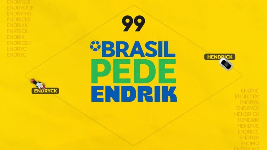 Arte da campanha 99 Brasil pede Endriki com voucher e selos Hendrick e Endriki em fundo amarelo