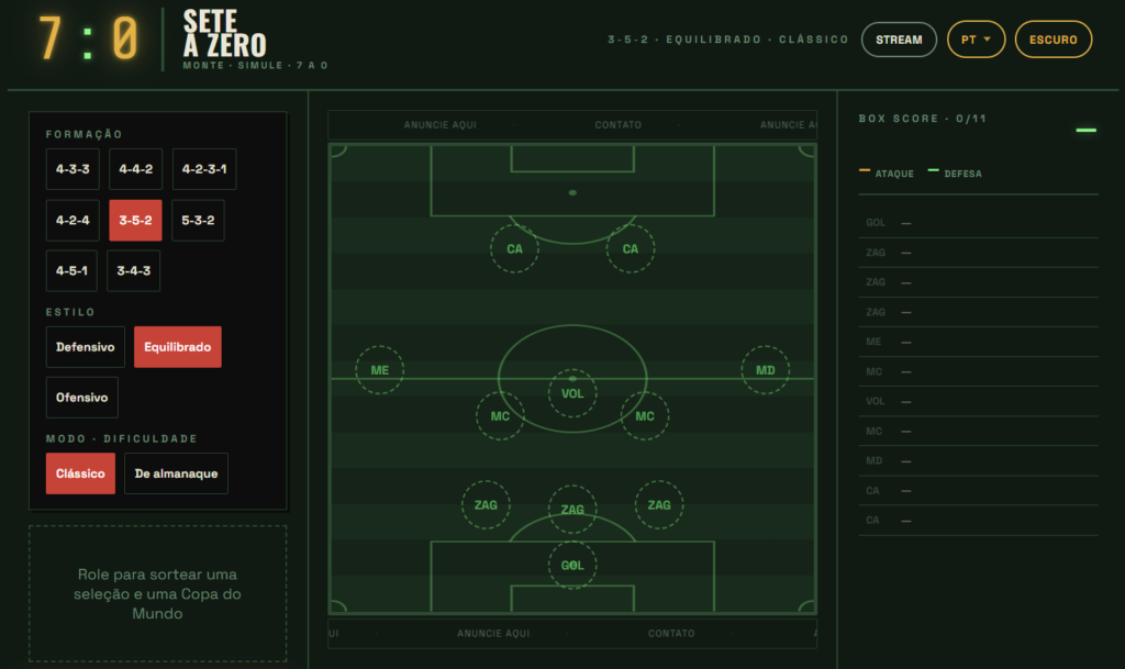 Captura de tela de um simulador de Copa do Mundo com placar 7:0 e tela de escalações táticas