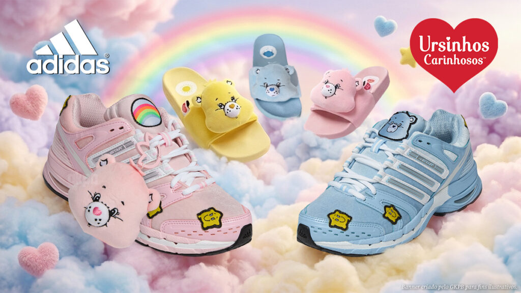 Tênis adidas Adistar Control 5 em versões temáticas dos Ursinhos Carinhosos, com detalhes dos personagens no céu de nuvens e arco-íris.