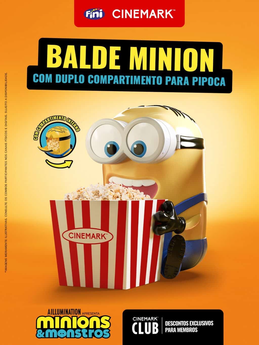 Balde Minion Cinemark com duplo compartimento para pipoca, destaque para o conjunto de pipoca e balde em formato do personagem.