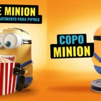 Balde Minion com compartimento para pipoca e Copo Minion da Cinemark, com garra de braço e minion segurando um copo