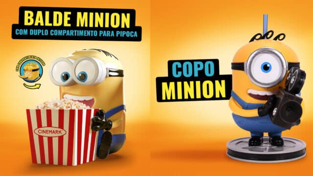 Balde Minion com compartimento para pipoca e Copo Minion da Cinemark, com garra de braço e minion segurando um copo