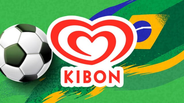 Arte Kibon com logotipo em formato de coração, bola de futebol e fundo verde com elementos da Copa