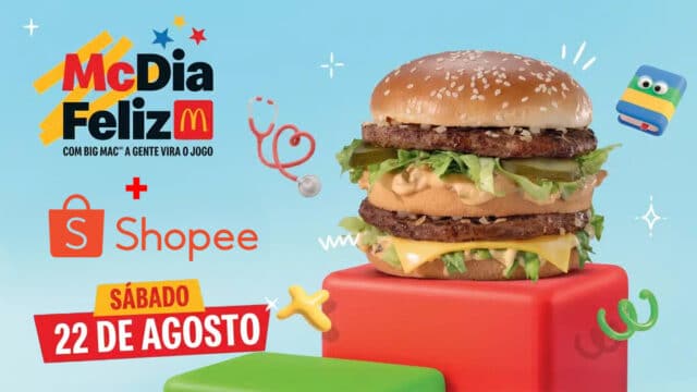 Arte do McDia Feliz com Big Mac e parceria Shopee, com data de 22 de agosto no destaque.