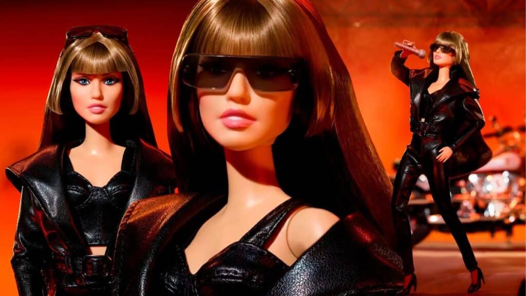 Bonecas Barbie Signature inspiradas em Miley Cyrus em cenário vermelho, com visual de cantora em destaque.