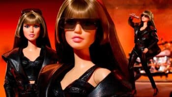 Bonecas Barbie Signature inspiradas em Miley Cyrus em cenário vermelho, com visual de cantora em destaque.