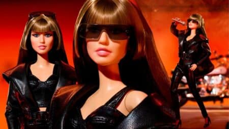 Bonecas Barbie Signature inspiradas em Miley Cyrus em cenário vermelho, com visual de cantora em destaque.
