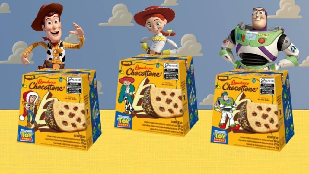 Linha Mini Chocottone Bauducco inspirada em Toy Story, com embalagens colecionáveis e sachê de brigadeiro