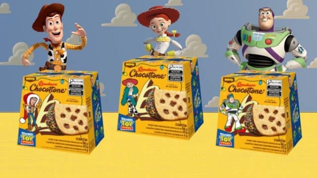 Linha Mini Chocottone Bauducco inspirada em Toy Story, com embalagens colecionáveis e sachê de brigadeiro