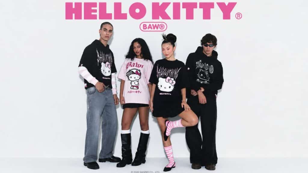 Modelos usando camisetas e moletons com estampa da Hello Kitty da coleção Baw Clothing x Sanrio