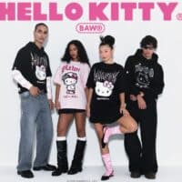 Modelos usando camisetas e moletons com estampa da Hello Kitty da coleção Baw Clothing x Sanrio