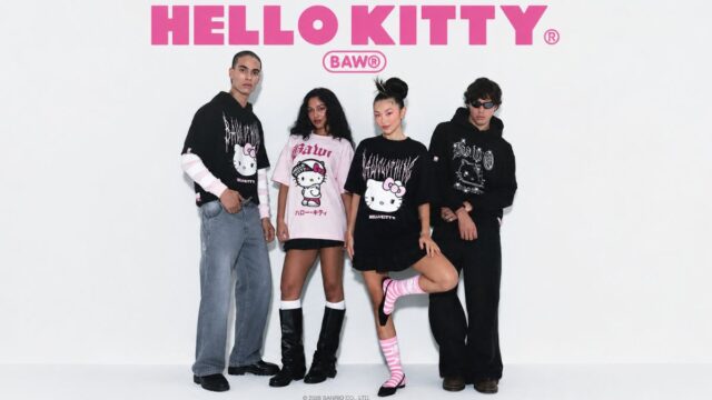 Modelos usando camisetas e moletons com estampa da Hello Kitty da coleção Baw Clothing x Sanrio
