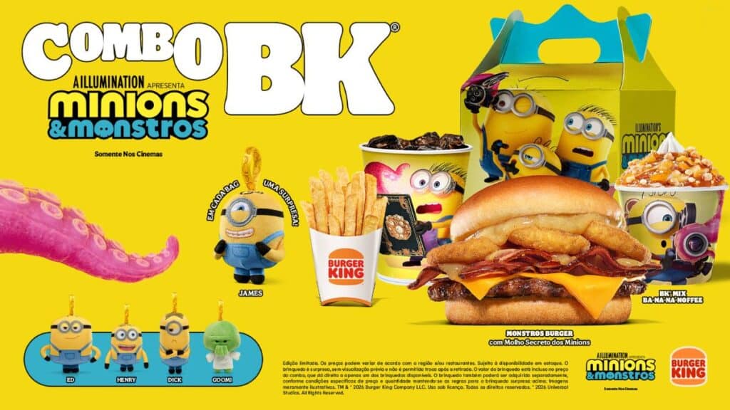 Imagem promocional do Burger King com combo temático de Minions & Monstros, com hambúrguer, batatas e personagens.