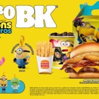 Imagem promocional do Burger King com combo temático de Minions & Monstros, com hambúrguer, batatas e personagens.
