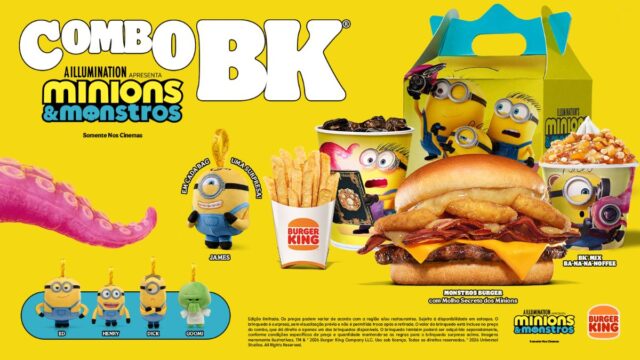 Imagem promocional do Burger King com combo temático de Minions & Monstros, com hambúrguer, batatas e personagens.