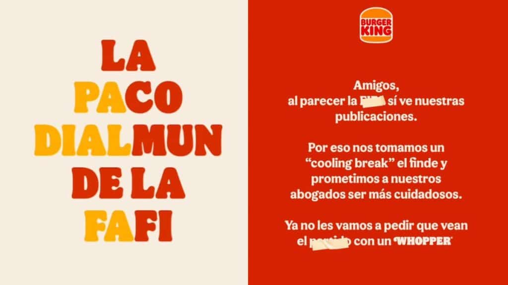 Imagem de campanha do Burger King Equador com mensagens em espanhol e referência a “WHOPPER”, evitando termos ligados à Copa da FIFA.