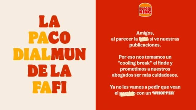 Imagem de campanha do Burger King Equador com mensagens em espanhol e referência a “WHOPPER”, evitando termos ligados à Copa da FIFA.