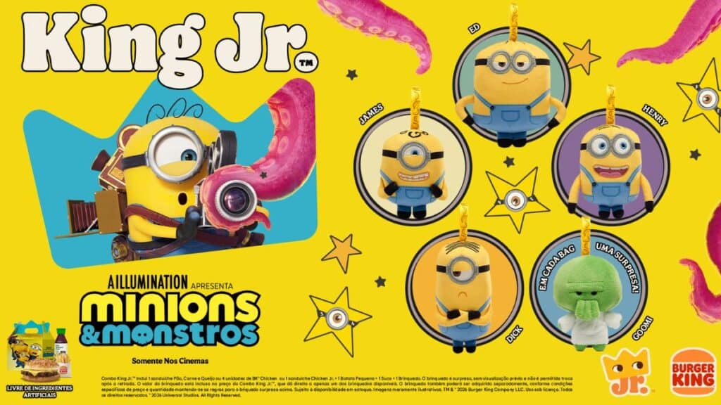 Cartaz promocional do Burger King King Jr com colecionáveis Minions e Monstros e imagens de personagens em destaque.