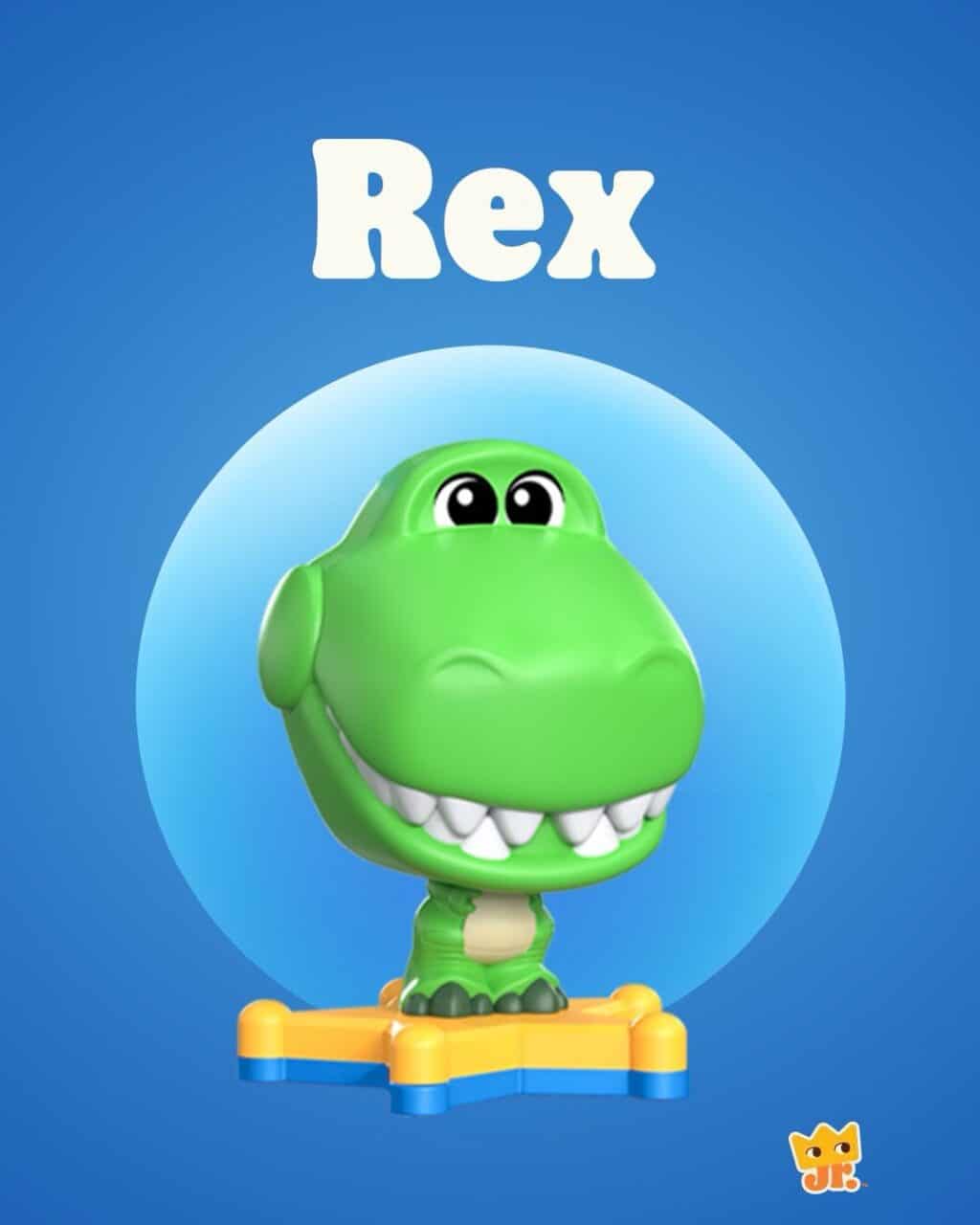 Boneco Rex de Toy Story 5 em brinde do Burger King para o King Jr, com fundo azul