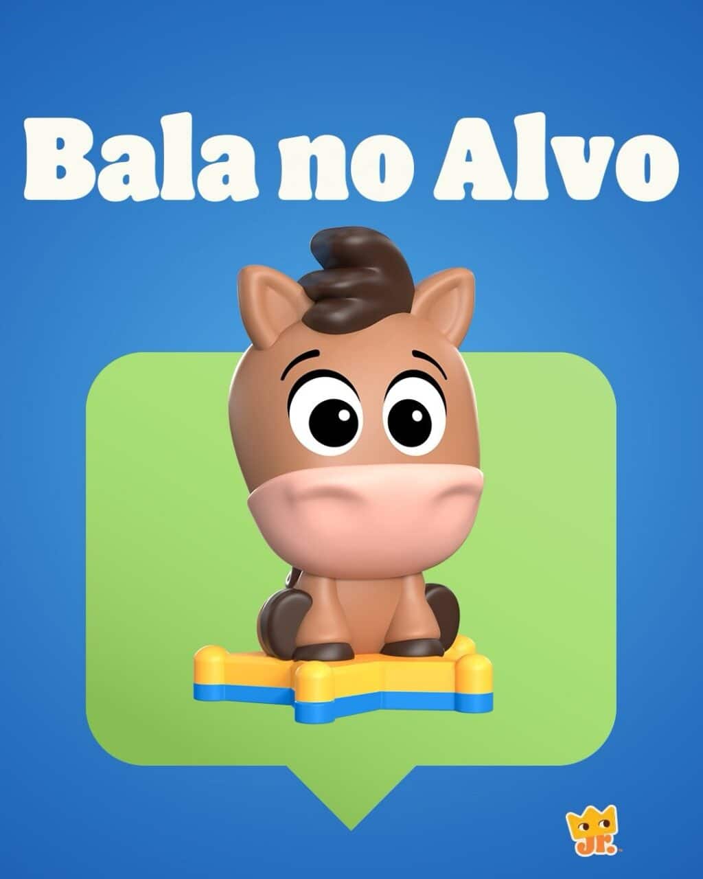 Brinquedo do Toy Story 5 Bala no Alvo para o King Jr do Burger King, com fundo azul e balão verde
