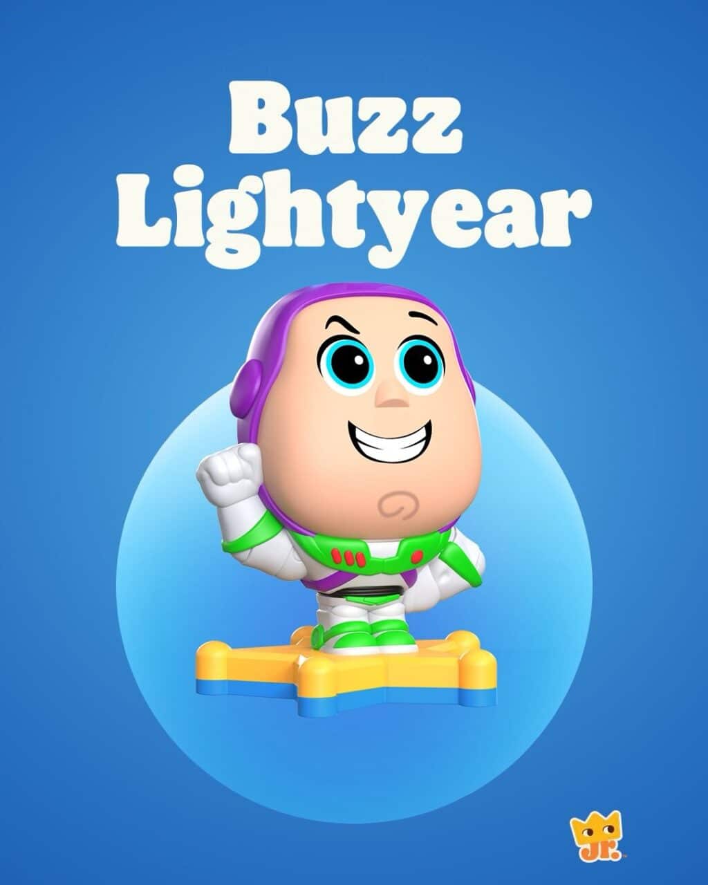 Brinquedo do Buzz Lightyear de Toy Story 5 para o King Jr do Burger King, com fundo azul e texto “Buzz Lightyear”.