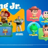 Banner do Burger King King Jr com brindes do Toy Story 5, imagens de personagens e data 18 de junho nos cinemas.