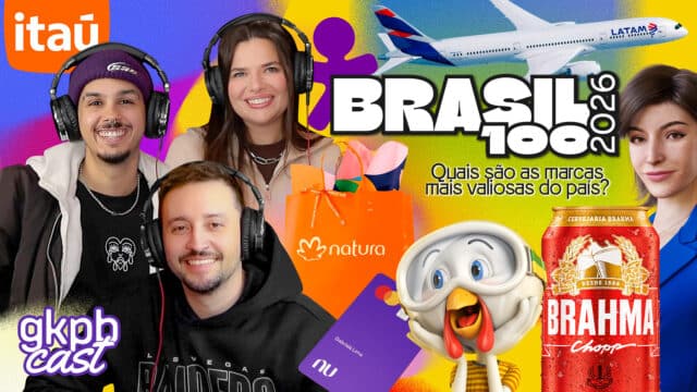 Capa do episódio Brasil 100 2026, com marcas brasileiras como Itaú, Natura e Brahma e pessoas com headset