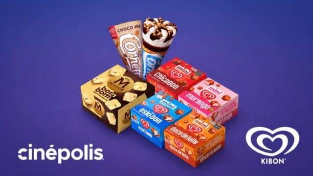 Cinépolis e Kibon anunciam sorvetes: caixas e cones com marcas como Kibon e Magnum sobre fundo azul