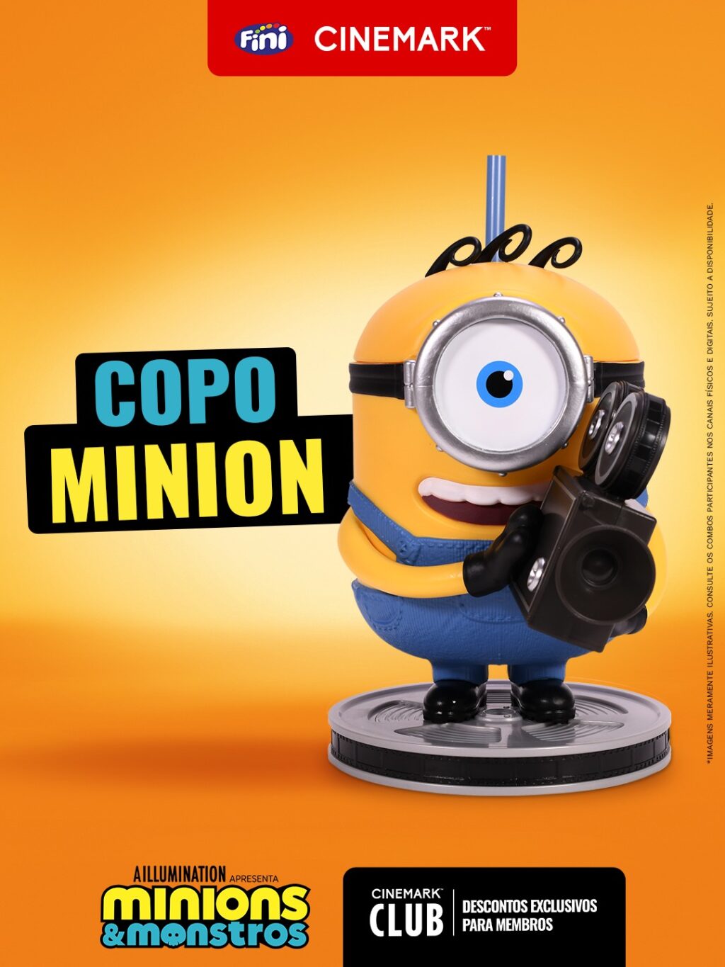 Copo 3D Minion para Cinemark, com estatueta do personagem Minions & Monstros, fundo laranja