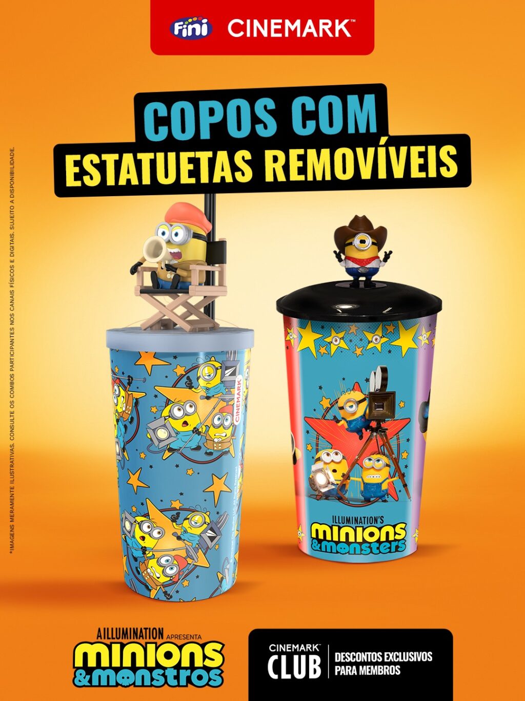 Copos 3D com estatuetas removíveis dos Minions e Monstros, estilo Cinemark, fundo amarelo