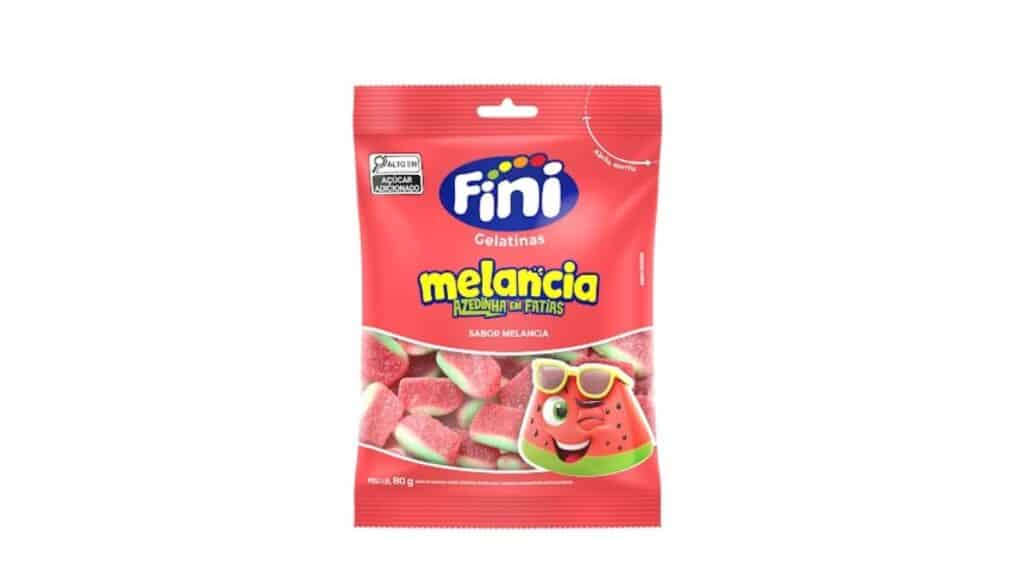 Embalagem da Fini de gelatina melancia sabor melancia em fatias azedinha