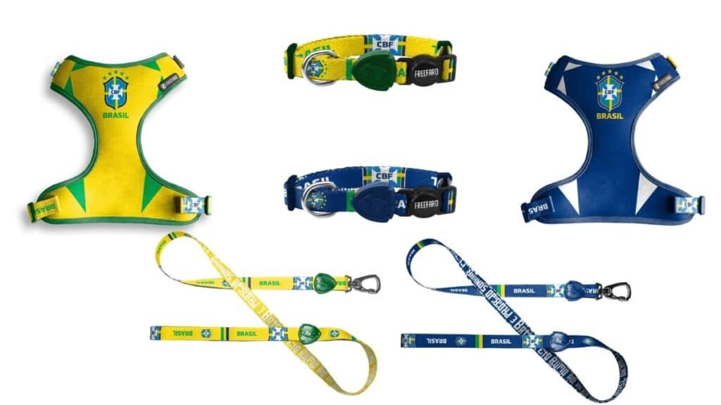Conjunto de produtos para pets da CBF e FreeFaro com cores da Seleção Brasileira: peitorais, bandanas e guias