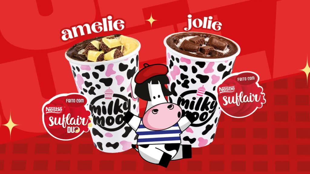 Milky Moo Amelie e Jolie com Nestlé Suflair Imagem promocional do Milky Moo com copos de milkshake Amelie e Jolie e parceria Nestlé Suflair.