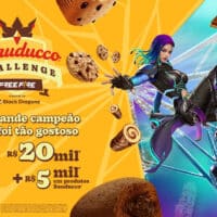Arte do Bauducco Challenge no Free Fire com personagem gamer e produtos, anunciando campeonato exclusivo