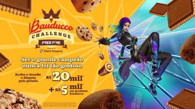 Arte do Bauducco Challenge no Free Fire com personagem gamer e produtos, anunciando campeonato exclusivo